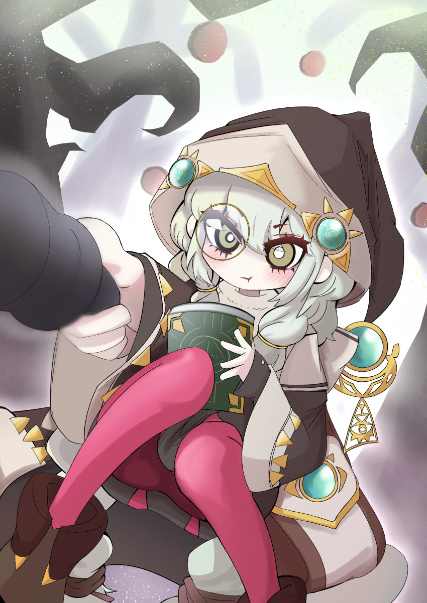 1girl absurdres astellar_of_the_white_forest bare_tree black_coat black_hat book boots coat diabellstar_the_black_witch duel_monster dutch_angle feet_out_of_frame grey_eyes hat highres holding holding_book holding_staff lumi_(nexix5536) monocle pantyhose pointing pointing_at_viewer pout red_pantyhose sitting solo staff tree white_hair yu-gi-oh!