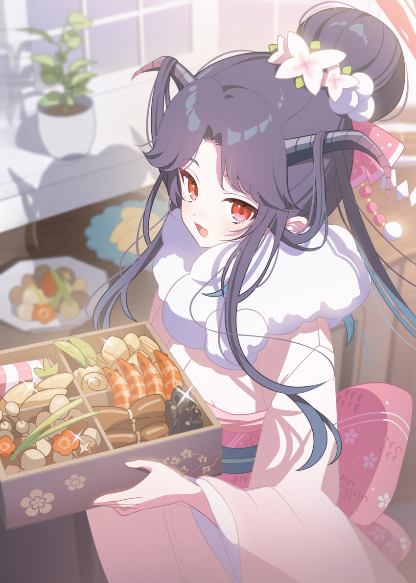 1girl blue_archive blush carrot_slice datemaki_(food) demon_girl demon_horns food forehead fur_trim fuuka_(blue_archive) fuuka_(new_year)_(blue_archive) hair_bun highres holding_bento horns japanese_clothes kaerunrun kamaboko kimono konbumaki looking_at_viewer mushroom nimono obi official_alternate_costume official_alternate_hairstyle open_mouth osechi parted_bangs pink_kimono pink_sash red_eyes sash shiitake shrimp sidelocks solo