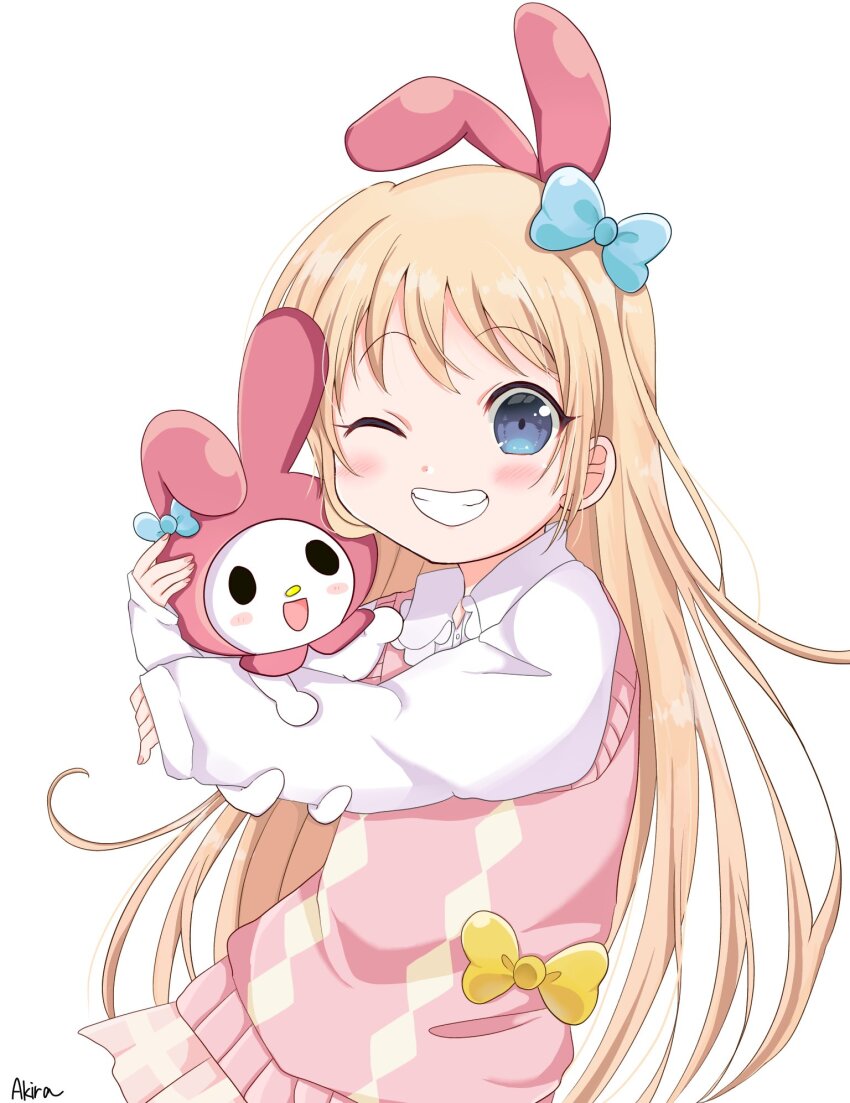 1girl akira_(aki_raoo) animal_ears blonde_hair blue_eyes blush bow collared_shirt commentary_request fake_animal_ears grin hair_bow highres holding long_hair long_sleeves my_melody one_eye_closed onegai_my_melody pleated_skirt rabbit_ears sanrio shirt skirt sleeves_past_wrists smile sweater_vest toshinou_kyouko very_long_hair yuruyuri