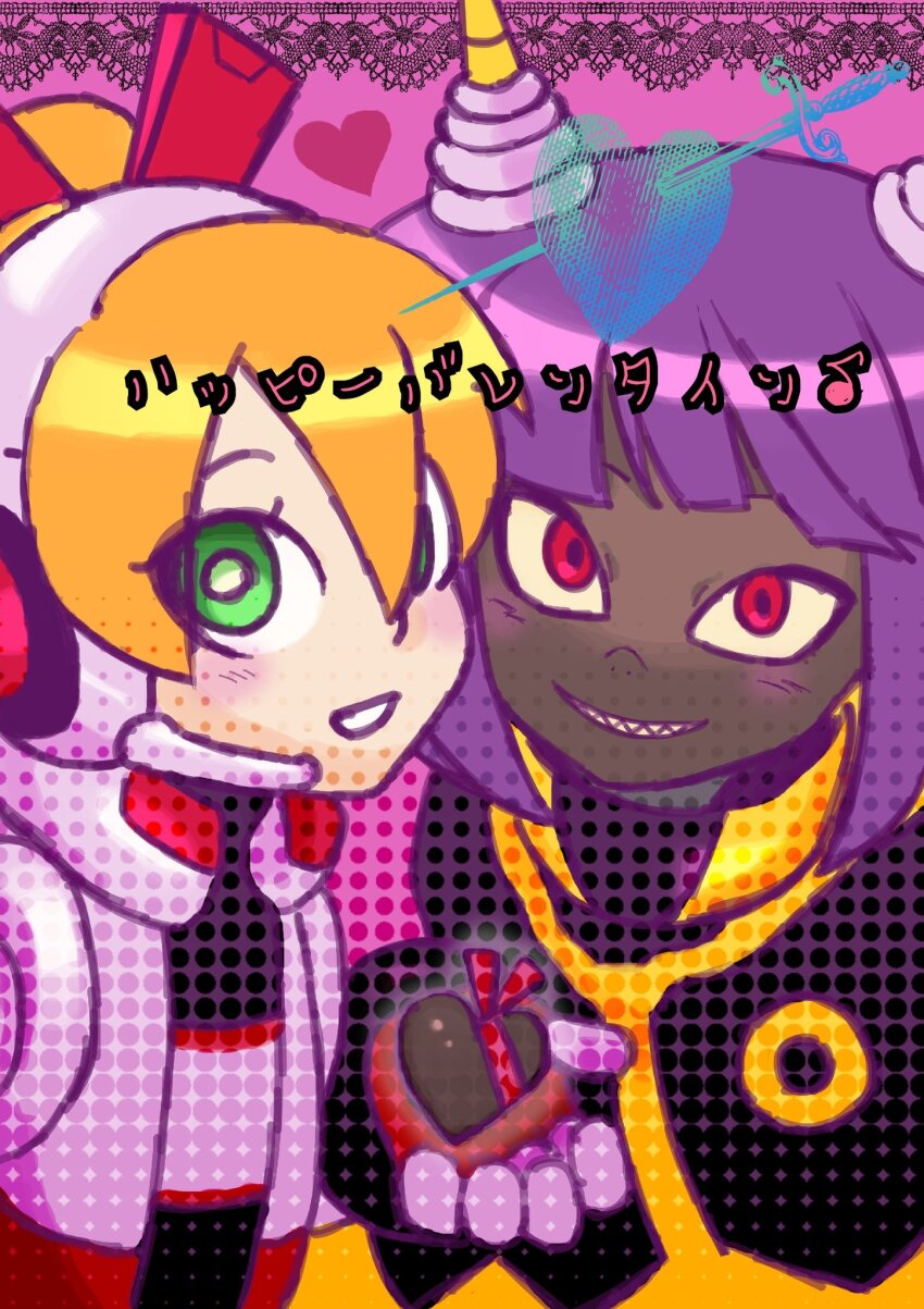 2girls arrow_through_heart black_cape blonde_hair blush bob_cut call_(mighty_no._9) candy cape chocolate chocolate_heart commentary_request dark-skinned_female dark_skin dynatron_(mighty_no._9) fingerless_gloves food gloves green_eyes grin hair_between_eyes happy_valentine headphones headset heart highres holding holding_chocolate holding_food horns jacket long_hair looking_at_viewer mighty_no._9 multicolored_jacket multiple_girls pink_background ponytail purple_hair red_eyes red_jacket robot robot_girl sharp_teeth short_hair simple_background smile sword takenokonoko teeth translated two-tone_cape two-tone_jacket valentine very_dark_skin weapon white_jacket yellow_cape yellow_horns