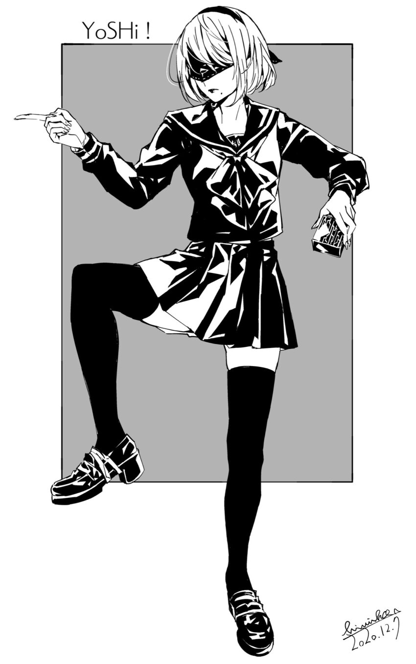 1girl 2b_(nier:automata) alternate_costume black_box black_neckerchief black_shirt black_thighhighs box circuit_board_print closed_mouth cube dated dress_shoes eyepatch full_body genba_neko_(meme) grey_background greyscale hashtag-only_commentary highres himiko_(326ontheweb) holding holding_cube mole mole_under_mouth monochrome neckerchief nier:automata nier_(series) official_alternate_costume pleated_skirt pointing pointing_to_the_side sailor_collar sailor_shirt school_uniform shirt short_hair signature simple_background skirt solo standing standing_on_one_leg thighhighs two-tone_background white_background yorha zettai_ryouiki