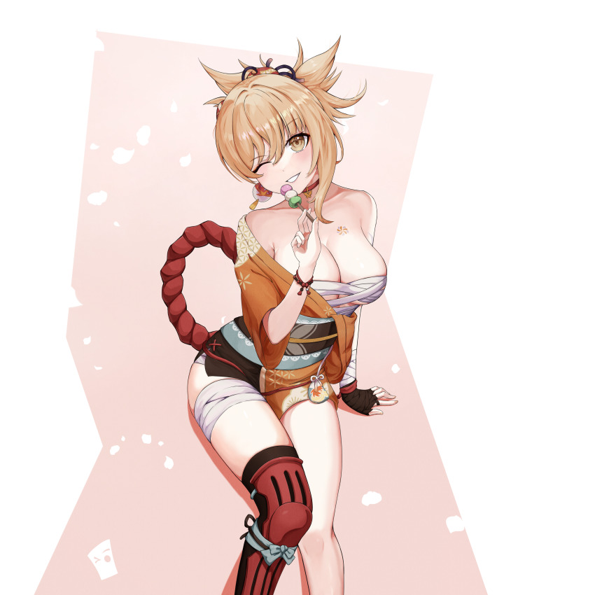 1girl ;d absurdres bandaged_arm bandaged_leg bandages bare_shoulders blonde_hair blush bracelet breasts brown_eyes budget_sarashi chest_sarashi chest_tattoo choker cleavage collarbone commentary dango english_commentary feet_out_of_frame food genshin_impact grin hair_between_eyes hand_up head_tilt highres holding holding_food holding_skewer japanese_clothes jewelry large_breasts light_brown_hair long_hair looking_at_viewer obi one_eye_closed open_mouth palmito ponytail pouch red_choker rope sanshoku_dango sarashi sash shimenawa sidelocks simple_background single_thighhigh sitting skewer smile solo standing tattoo thighhighs thighs wagashi yoimiya_(genshin_impact)
