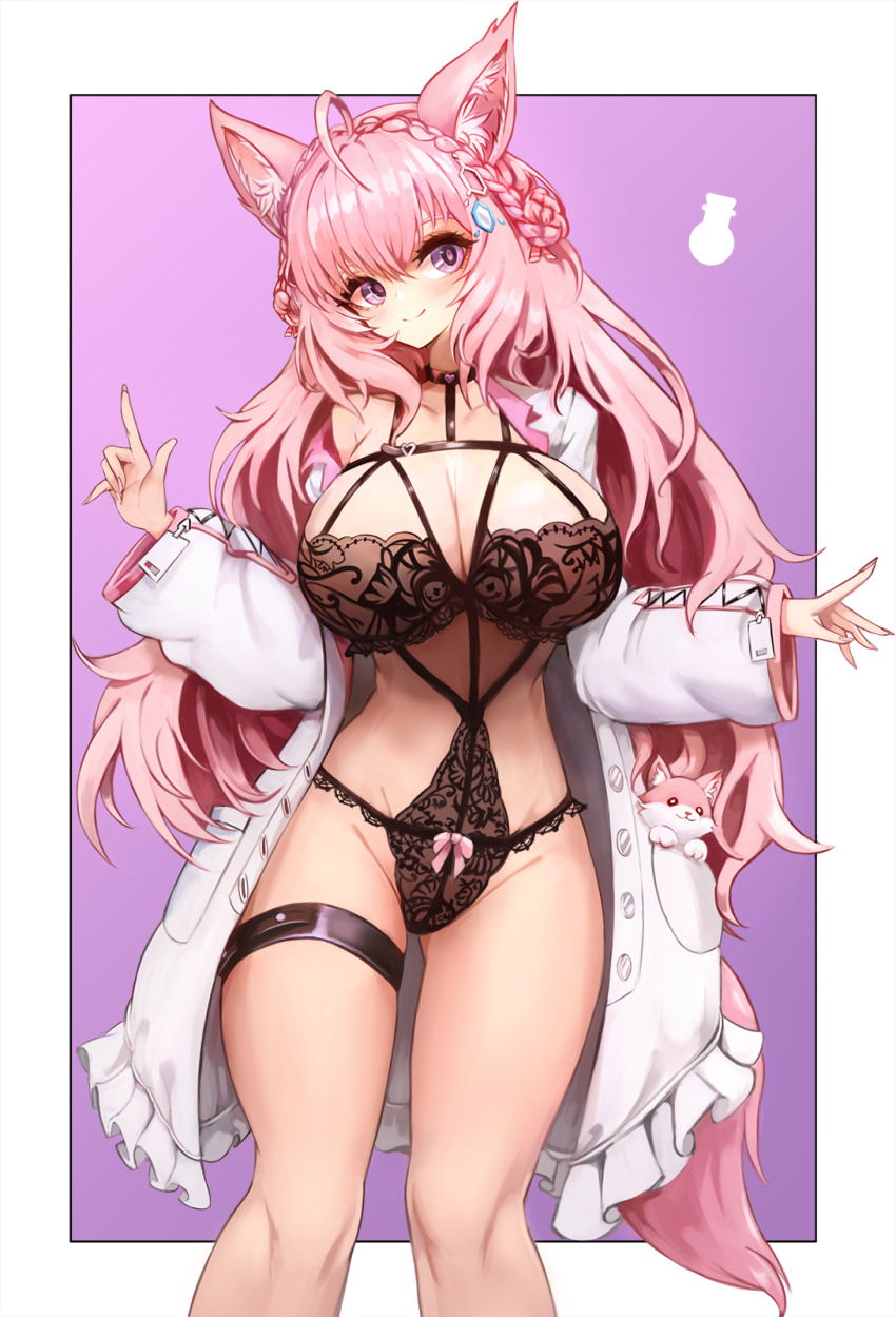 1girl ahoge animal_ear_fluff animal_ears blush braid breasts cleavage hair_between_eyes hair_ornament hakui_koyori highres hololive lab_coat large_breasts long_hair looking_at_viewer notte pink_hair purple_eyes solo virtual_youtuber wolf_ears