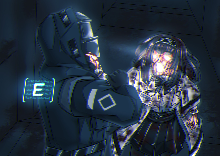 1girl 1other arknights black_hair black_jacket black_pantyhose black_skirt blood blood_on_face bow clothes_grab collar_grab dead_space doctor_(arknights) glowing glowing_eyes glowing_mouth grey_bow guin_guin highres hood hood_up hooded_jacket indoors jacket long_hair neckwear_grab open_clothes open_jacket pantyhose pleated_skirt priestess_(arknights) shirt skirt striped_bow textless_version white_jacket white_shirt