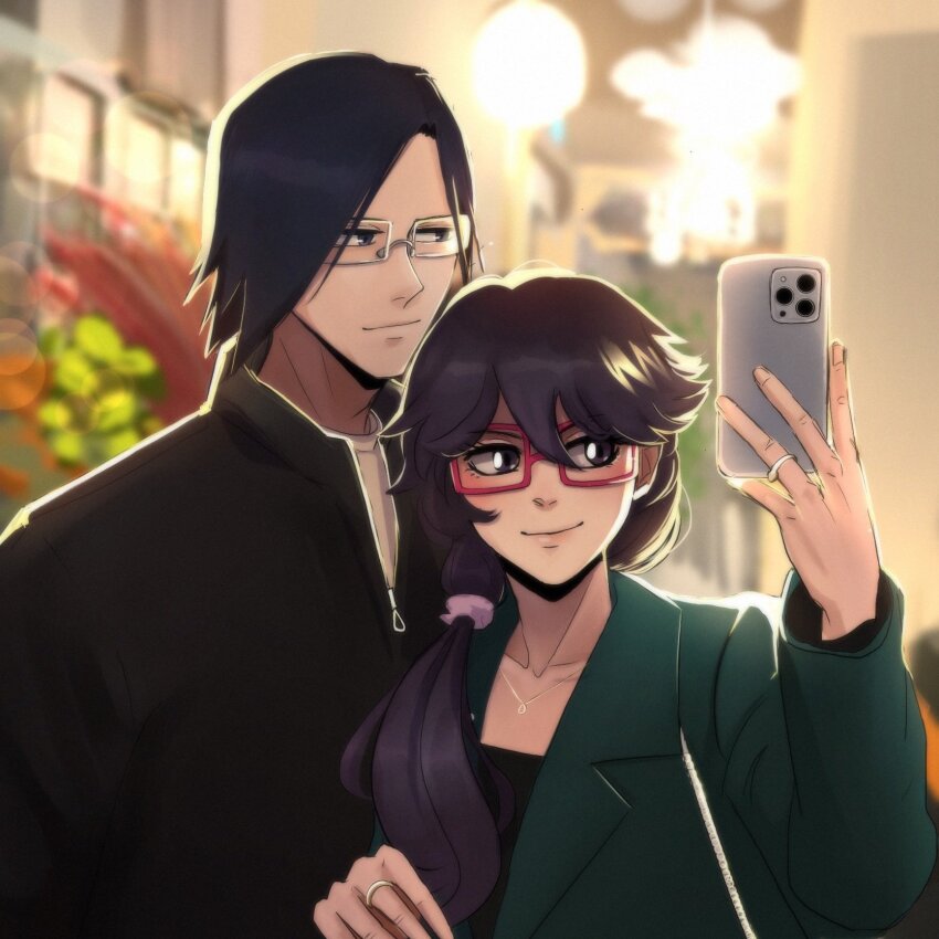 &gt;:) 1boy 1girl alternate_costume alternate_hairstyle backlighting bambietta_basterbine bespectacled black_hair black_shirt bleach bleach:_sennen_kessen-hen blurry blurry_background cellphone closed_mouth collarbone commission couple glasses green_jacket hair_between_eyes hair_ornament hair_scrunchie hand_up hannydraw hashtag-only_commentary hetero highres holding holding_phone indoors ishida_uryuu jacket jewelry lips long_hair long_sleeves looking_at_phone low_ponytail necklace nose parted_bangs phone pink_scrunchie ponytail rectangular_eyewear red-framed_eyewear ring scrunchie second-party_source selfie shirt short_hair smartphone smile upper_body v-shaped_eyebrows wedding_ring white-framed_eyewear zipper