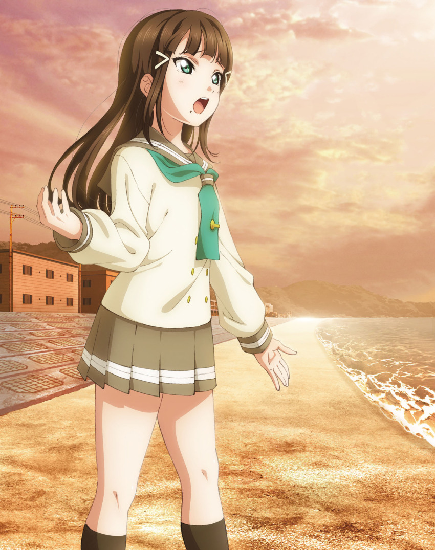 1girl aqua_eyes artbook beach black_hair black_socks blunt_bangs buttons cloud green_neckerchief grey_sailor_collar grey_skirt hair_ornament hairclip highres kneehighs kurosawa_dia long_hair long_sleeves love_live! love_live!_sunshine!! miniskirt mole mole_under_mouth neckerchief non-web_source ocean official_art open_mouth outdoors pleated_skirt sailor_collar school_uniform serafuku shirt skirt sky socks solo standing sunset tie_clip uranohoshi_school_uniform white_shirt winter_uniform