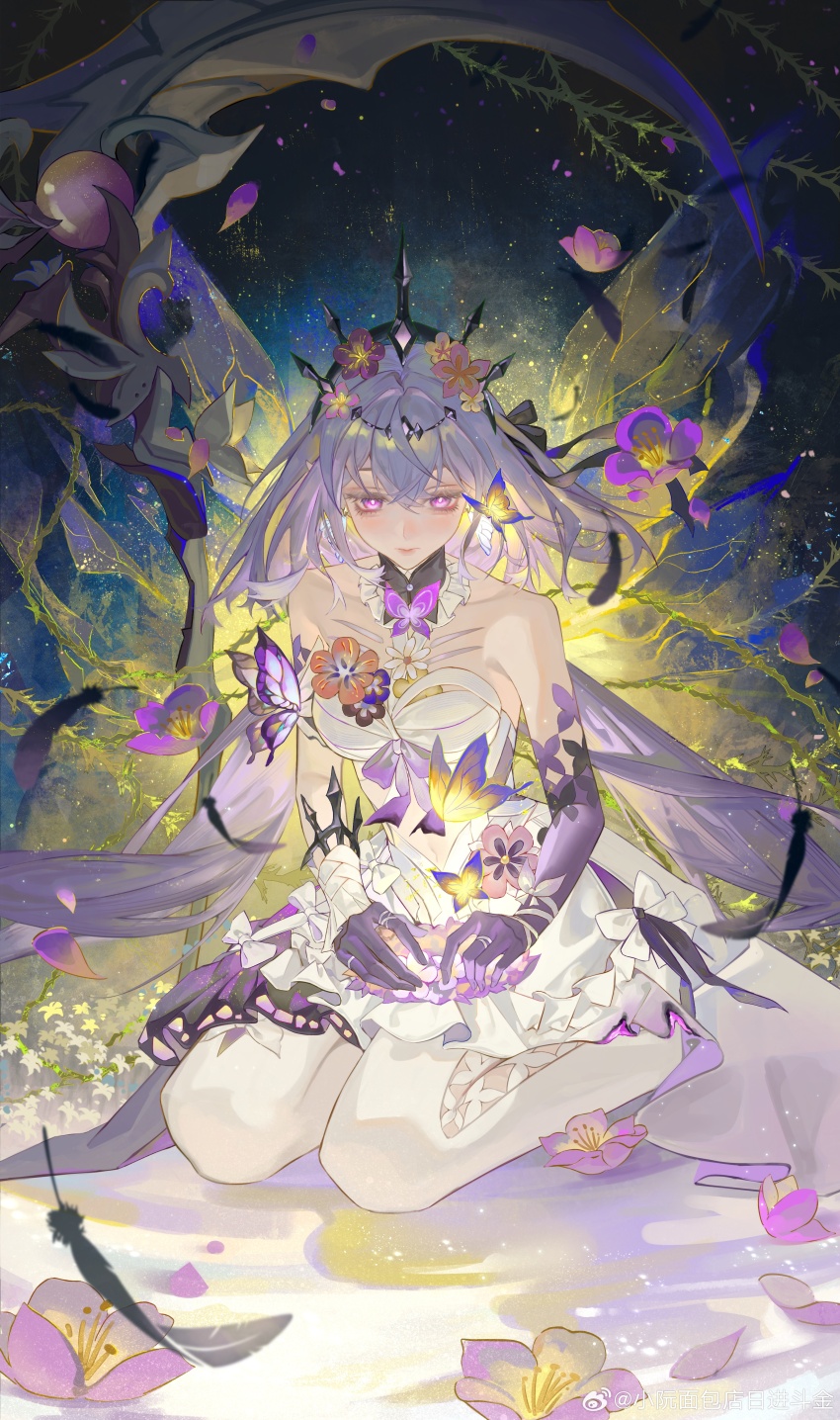 1girl absurdres asymmetrical_gloves bare_shoulders black_tiara bright_pupils bug butterfly castorice_(honkai:_star_rail) closed_mouth dress elbow_gloves flower gloves grey_hair highres honkai:_star_rail honkai_(series) insect long_hair looking_at_viewer pantyhose pointy_ears purple_butterfly purple_gloves ruanxiao seiza sitting solo tiara uneven_gloves white_dress white_pantyhose