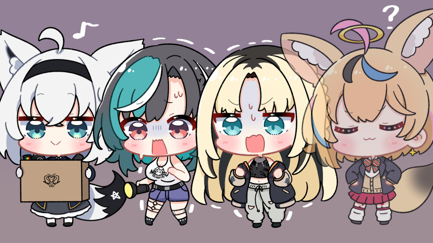animal_ears aqua_streaks black_hair black_tank_top blazer blonde_hair box chain chain_necklace chibi chibi_only closed_eyes curtained_hair dohoon flashlight flow_glow_(hololive) fox_ears fox_girl fox_tail halo highres holding holding_box holding_flashlight hololive hololive_dev_is jacket jewelry jitome knee_cutout koganei_niko necklace o-ring o-ring_garter_belt o-ring_thigh_strap omaru_polka omaru_polka_(school_uniform) open_mouth pants print_tank_top red_skirt rindo_chihaya scared see-through_tank_top shirakami_fubuki shirakami_fubuki_(aristocrat_kei) skirt smile sukajan sweat sweatpants tail tank_top thigh_strap turn_pale virtual_youtuber white_hair white_streaks white_tank_top yellow_halo