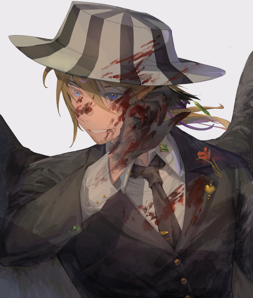1boy absurdres apple beard_stubble bird_boy bird_wings black_wings blonde_hair blood blue_eyes bucket_hat buttons chinese_commentary claws commentary_request facial_hair food formal_clothes fruit golden_apple grin hardcore_heart hat highres long_hair male_focus minecraft_youtube necktie origins_smp ph1lza ph1lza_(elytrian) qian_lun_yu_jiao smile solo striped_clothes striped_headwear stubble suit upper_body white_background wings