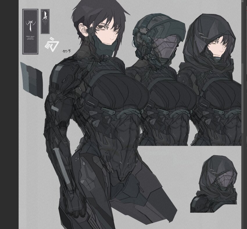 1girl black_bodysuit black_eyes black_hair bodysuit breasts face_shield grey_background highres hood hood_up hooded_bodysuit large_breasts looking_at_viewer original short_hair shoulder_pads simple_background solo tumubar117 variations