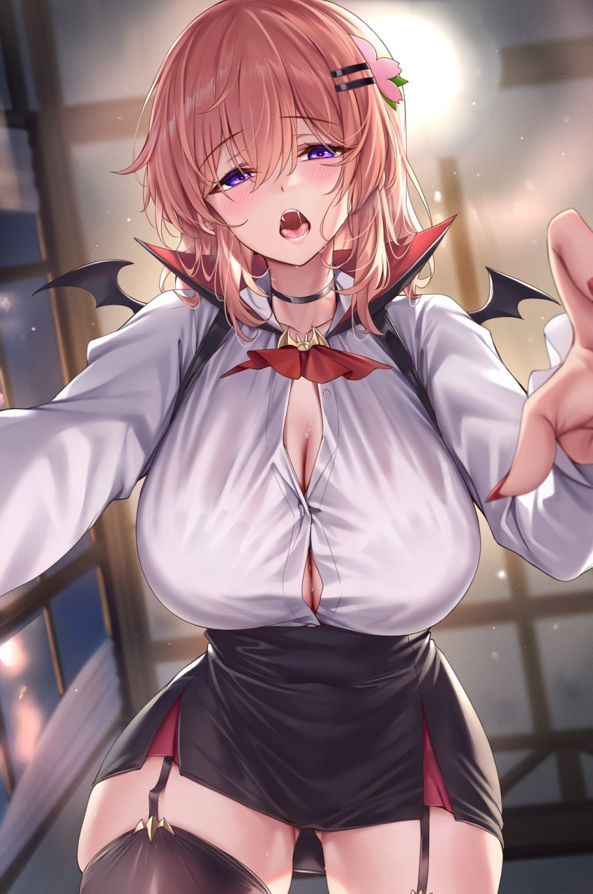 1girl aged_up ascot black_skirt blush breasts brown_hair cleavage commentary_request cosplay dracula dracula_(cosplay) fangs gochuumon_wa_usagi_desu_ka? hair_between_eyes hair_ornament hairclip halloween_costume highres hoto_cocoa indoors ks_(xephyrks) large_breasts looking_at_viewer miniskirt open_mouth purple_eyes red_ascot saliva saliva_trail shirt short_hair skirt solo teeth white_shirt