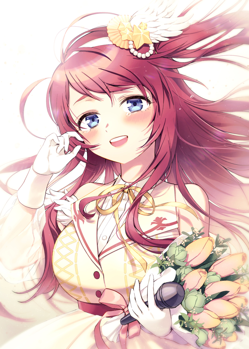 1girl bare_shoulders bliss_(ferment_factory) blue_eyes bouquet dress flower hair_ornament highres holding holding_bouquet idol idol_clothes long_hair looking_at_viewer microphone minamoto_sakura red_hair smile solo tears white_dress zombie_land_saga