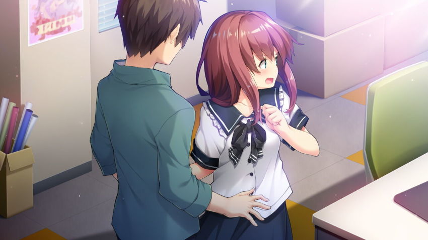 1boy 1girl alpha_(yukai_na_nakamatachi) aqua_shirt black_bow black_bowtie black_sailor_collar blue_eyes blue_skirt bow bowtie brown_hair character_request collarbone collared_shirt dress_shirt floating_hair frilled_sailor_collar frills game_cg hair_intakes indoors long_hair long_sleeves looking_back open_mouth sailor_collar sailor_shirt shirt short_hair short_sleeves skirt sousaku_kanojo_no_renai_koushiki standing straight_hair white_shirt