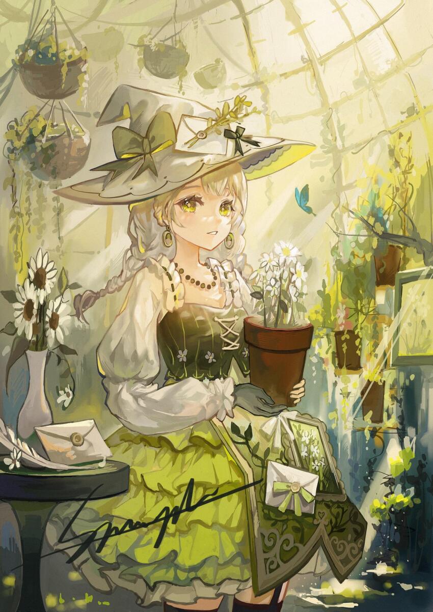 1girl apron bead_necklace beads black_bow black_gloves black_thighhighs blinklikeer blue_butterfly bow braid bright_pupils bug butterfly collarbone commission cowboy_shot daisy day dress earrings envelope eyelashes fern floral_print flower flower_pot frilled_dress frilled_sleeves frills gloves green_apron green_dress green_eyes green_hat greenhouse grey_bow grey_hair grey_hat hanging_plant hat hat_bow highres holding holding_flower_pot hoop_earrings indoors insect jewelry juliet_sleeves lace-trimmed_apron lace_trim light_particles light_rays long_hair long_sleeves looking_at_viewer low_twin_braids necklace original painting_(object) parted_lips picture_frame plant potted_plant puffy_long_sleeves puffy_sleeves ribbed_thighhighs sample_watermark short_dress single_glove solo square_neckline standing sunlight table thighhighs twin_braids two-sided_fabric two-sided_headwear vase waist_apron watermark white_flower white_pupils witch witch_hat
