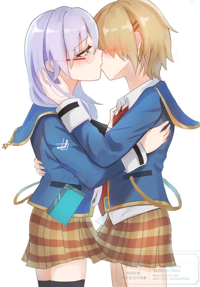 2girls aoi11_luyu black_thighhighs blonde_hair blue_jacket french_kiss glasses green_eyes grey_hair hair_ornament hair_over_one_eye hair_over_shoulder hairclip heaven_burns_red highres izumi_yuki_(heaven_burns_red) jacket kayamori_ruka kiss long_hair long_sleeves low-tied_long_hair multiple_girls necktie one_eye_covered red_necktie round_eyewear shirt short_hair thighhighs white_shirt yuri