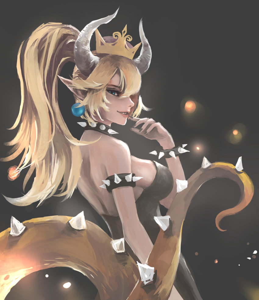 1girl adapted_object aqua_eyes arm_at_side armlet back bare_shoulders black_dress black_nails blonde_hair blue_eyes bowsette bracelet breasts cleavage collar dark dress earrings embers female_focus finger_to_mouth fingernails from_side hair_between_eyes hand_up high_ponytail highres jewelry light_particles lips long_hair looking_at_viewer looking_to_the_side mario_(series) medium_breasts nail_polish new_super_mario_bros._u_deluxe nintendo pink_lips pointy_ears ponytail sharp_fingernails short_hair sidelocks smile solo spiked_armlet spiked_bracelet spiked_collar spiked_tail spikes strapless strapless_dress super_crown tail teeth upper_body windhydra