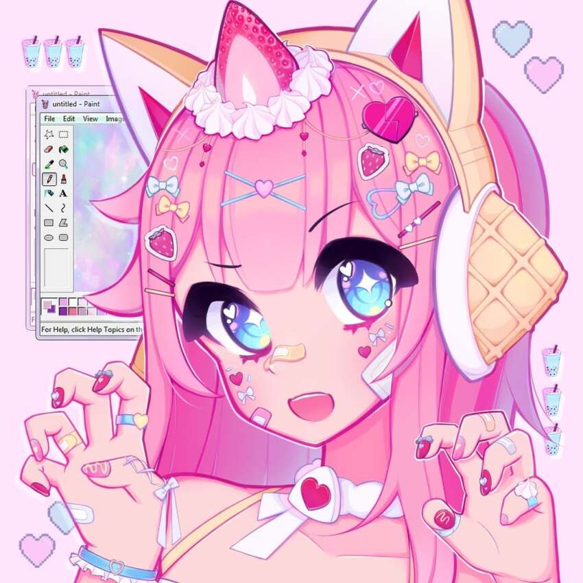+_+ 1other :d alternate_hair_length alternate_hairstyle ariimaw bandaid bandaid_on_face bandaid_on_hand bandaid_on_nose bare_shoulders blue_eyes blush bow bracelet broken_heart broken_heart_hair_ornament choker claw_pose collarbone commentary cookie_run cookie_run:_kingdom decora desktop_(computing) english_commentary facial_mark food frilled_bracelet frills fruit hair_between_eyes hair_bow hair_ornament hands_up headphones heart heart_facial_mark heart_hair_ornament heart_in_eye humanization jewelry long_hair looking_at_viewer multicolored_nails open_mouth other_focus pink_background pink_nails raised_eyebrow red_nails simple_background smile solo sticker strawberry strawberry_crepe_cookie symbol_in_eye teeth upper_teeth_only white_bow white_choker x_hair_ornament yellow_bow