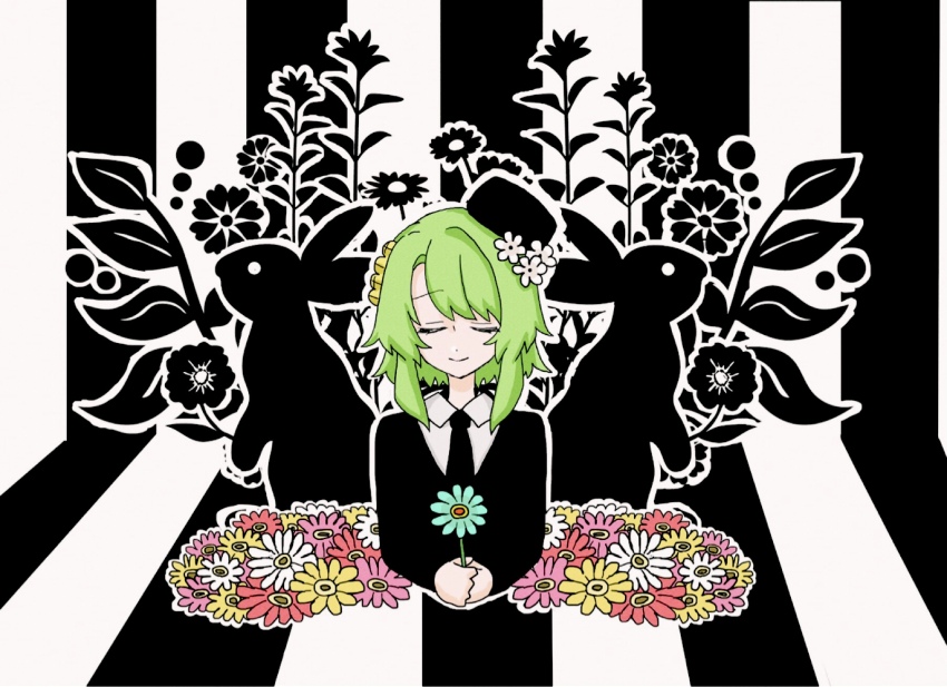 1girl closed_eyes collared_shirt flower green_hair hair_ornament hat hat_flower hatsune_miku_(saihate) highres holding holding_flower kimi_ga_shine kizuchi_kanna long_sleeves necktie rabbit saihate_(vocaloid) shirt short_hair_with_long_locks smile solo striped_background vocaloid yume_ha_imamo