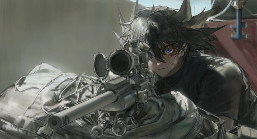1boy aiming bad_link black_hair black_shirt blue_eyes brown_bag concrete dappled_sunlight facial_mark facing_viewer fudo_yusei gun highres holding holding_weapon indoors industrial looking_at_object looking_through_scope lying male_focus momentcorefly on_stomach outdoors rifle scope shirt sniper_rifle source_request spiked_hair steel_beam sunlight weapon yu-gi-oh! yu-gi-oh!_5d&#039;s