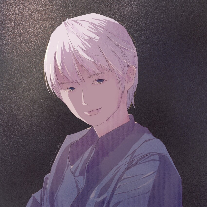 1boy akagi:_yami_ni_oritatta_tensai akagi_shigeru black_background blue_shirt fukumoto_mahjong gensou_getsumen_rt highres male_focus shadow shirt short_hair short_sleeves solo white_hair