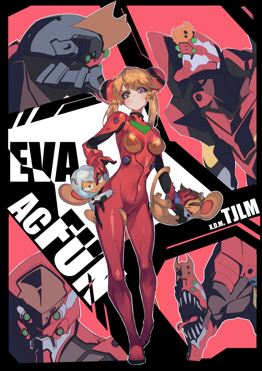 1girl 2others absurdres acfun acfun_girl animal animal_on_ass animal_on_hand ayanami_rei ayanami_rei_(cosplay) bodysuit breasts brown_hair bun_cover copyright_name cosplay curvy double_bun eva_02 fps_xilou full_body hair_bun highres ikari_shinji ikari_shinji_(cosplay) mecha_pilot_suit medium_breasts monkey multiple_others neon_genesis_evangelion orange_hair plugsuit_(evangelion) red_background red_bodysuit red_eyes souryuu_asuka_langley souryuu_asuka_langley_(cosplay) twintails v-shaped_eyebrows white_hair wide_hips