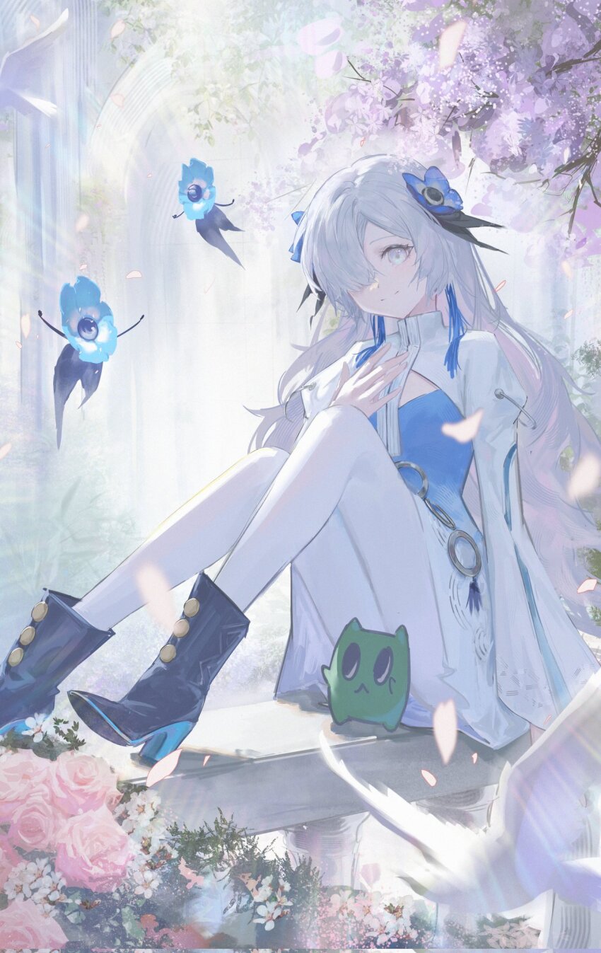1girl aaofn22 anemone_(flower) black_boots black_feathers blue_dress blue_eyes blue_flower blue_hair blunt_bangs blush boots breasts cherry_blossoms cleavage_cutout clothing_cutout convenient_censoring dress familiar feathers flat_chest floating floating_hair flower full_body gomidasu_(kamitsubaki_studio) gradient_clothes gradient_dress grey_eyes grey_hair hair_extensions hair_flower hair_ornament hair_over_eyes hair_over_one_eye hand_on_own_chest highres isekaijoucho kamitsubaki_studio long_hair long_sleeves looking_at_viewer looking_to_the_side o-ring pantyhose parted_lips petite puffy_sleeves shrug_(clothing) sidelocks sitting smile wavy_hair white_dress white_hair white_pantyhose