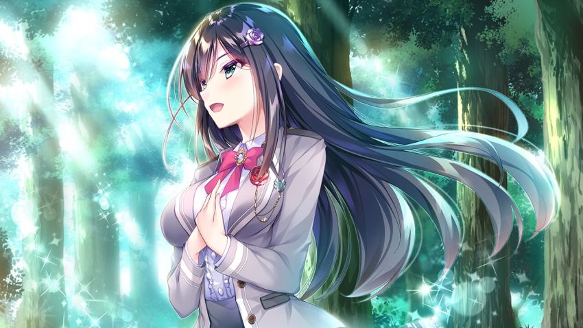 1girl :d black_hair blazer bow bowtie breasts collared_shirt day dress_shirt floating_hair flower forest game_cg green_eyes hair_between_eyes hair_flower hair_ornament hoshi_no_otome_to_rikka_no_shimai jacket kokonoe_sumire lens_flare long_hair long_sleeves medium_breasts mutou_kurihito nanotaro nature open_clothes open_jacket open_mouth outdoors pink_flower pink_rose red_bow red_bowtie rose school_uniform shirt smile solo sparkle standing sunlight upper_body very_long_hair white_shirt wing_collar