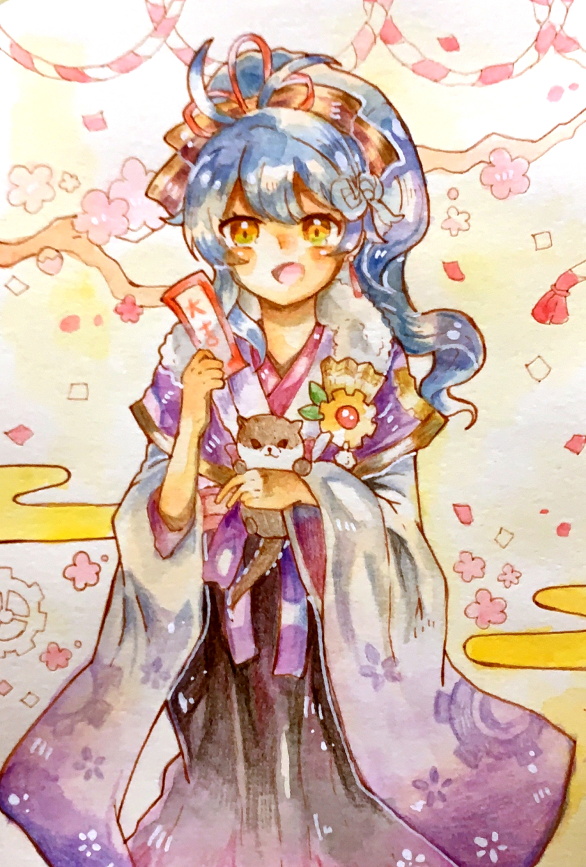 1girl blue_hair fire_emblem fire_emblem_heroes fur_trim gold_trim highres holding holding_stuffed_toy japanese_clothes kimono kinako_tadano nintendo official_alternate_costume otter ponytail reginn_(fire_emblem) reginn_(new_year)_(fire_emblem) stuffed_toy traditional_media wide_sleeves yellow_eyes