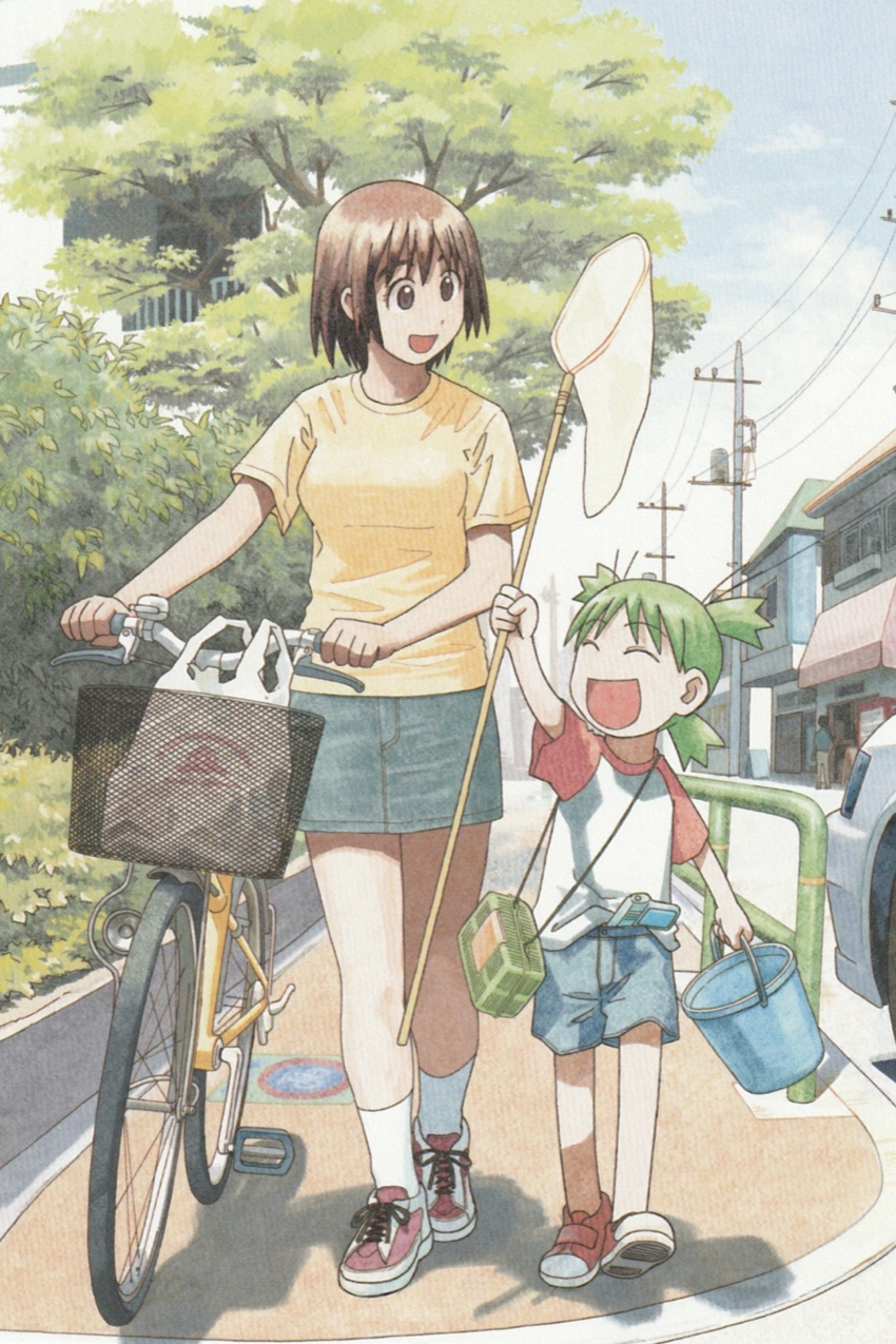 2girls ayase_fuuka azuma_kiyohiko bag bicycle breasts brown_eyes brown_hair butterfly_net denim denim_shorts denim_skirt green_eyes green_hair grocery_bag hand_net koiwai_yotsuba medium_breasts multiple_girls official_art red_footwear shirt shopping_bag shorts skirt volume_cover yellow_shirt yotsubato!