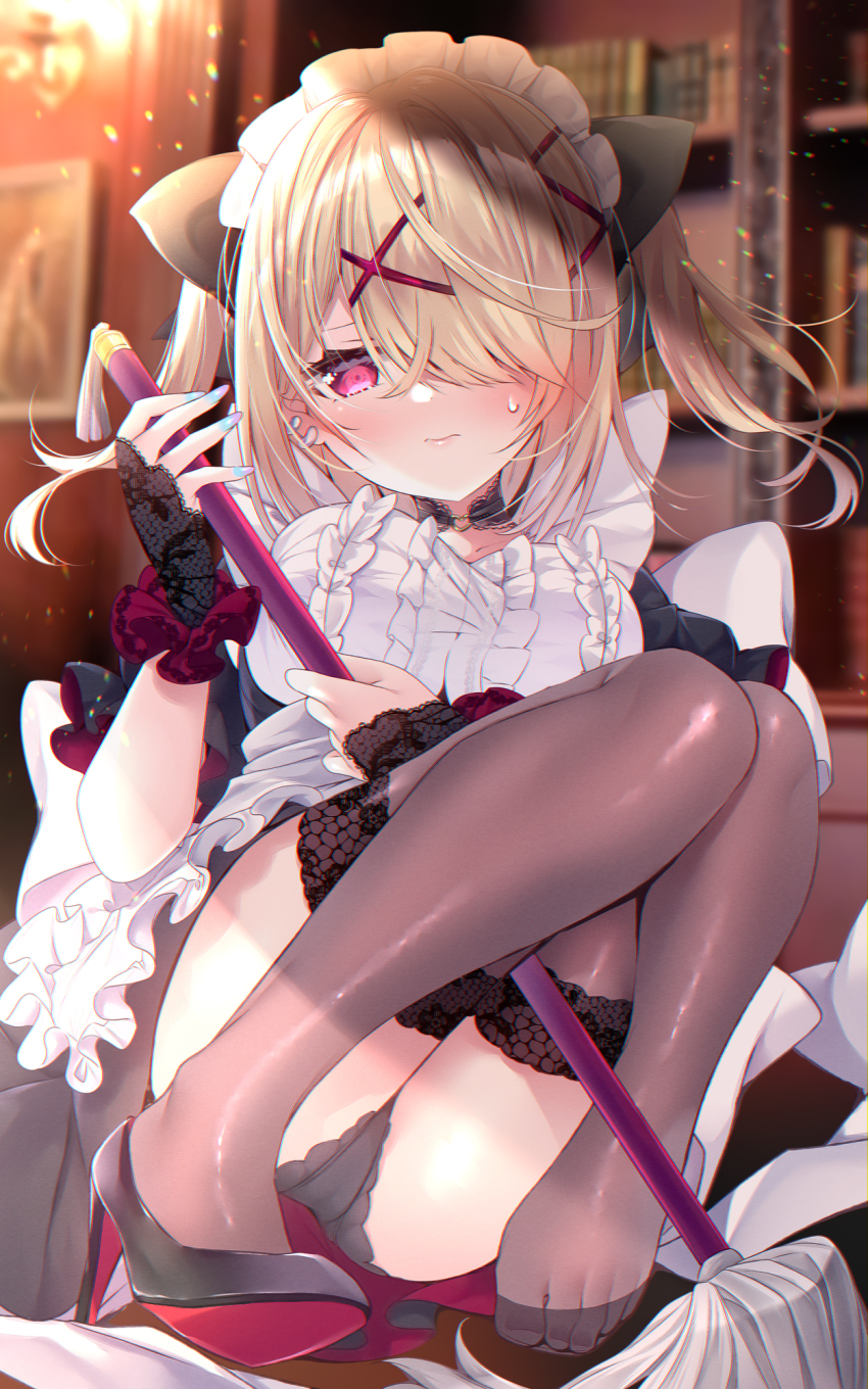 1girl apron black_dress black_panties black_shoes blonde_hair blouse blue_nails blurry blurry_background blush book bookshelf breasts brown_thighhighs center_frills closed_mouth commentary_request depth_of_field dress ear_piercing eyebrows_hidden_by_hair feet frilled_apron frills hair_ornament hair_over_one_eye highres holding indoors ko_yu long_hair looking_at_viewer maid medium_breasts mop nail_polish no_shoes original panties piercing red_eyes shirt shoes single_shoe solo sweat thighhighs twintails underwear white_apron white_shirt