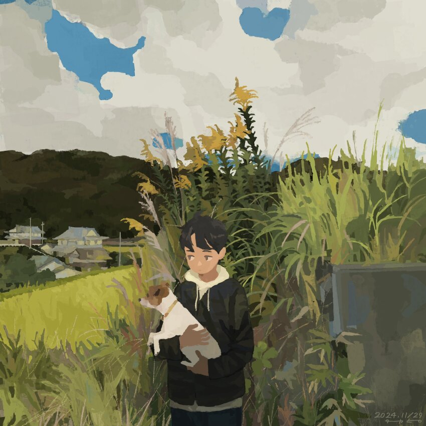 1boy animal black_hair black_jacket blue_sky building cattail cloud cloudy_sky dated day dog drawstring grass haragayowainja highres holding holding_animal holding_dog hood hoodie house jacket jacket_over_hoodie male_focus original outdoors plant scenery short_hair sky solo standing white_hoodie