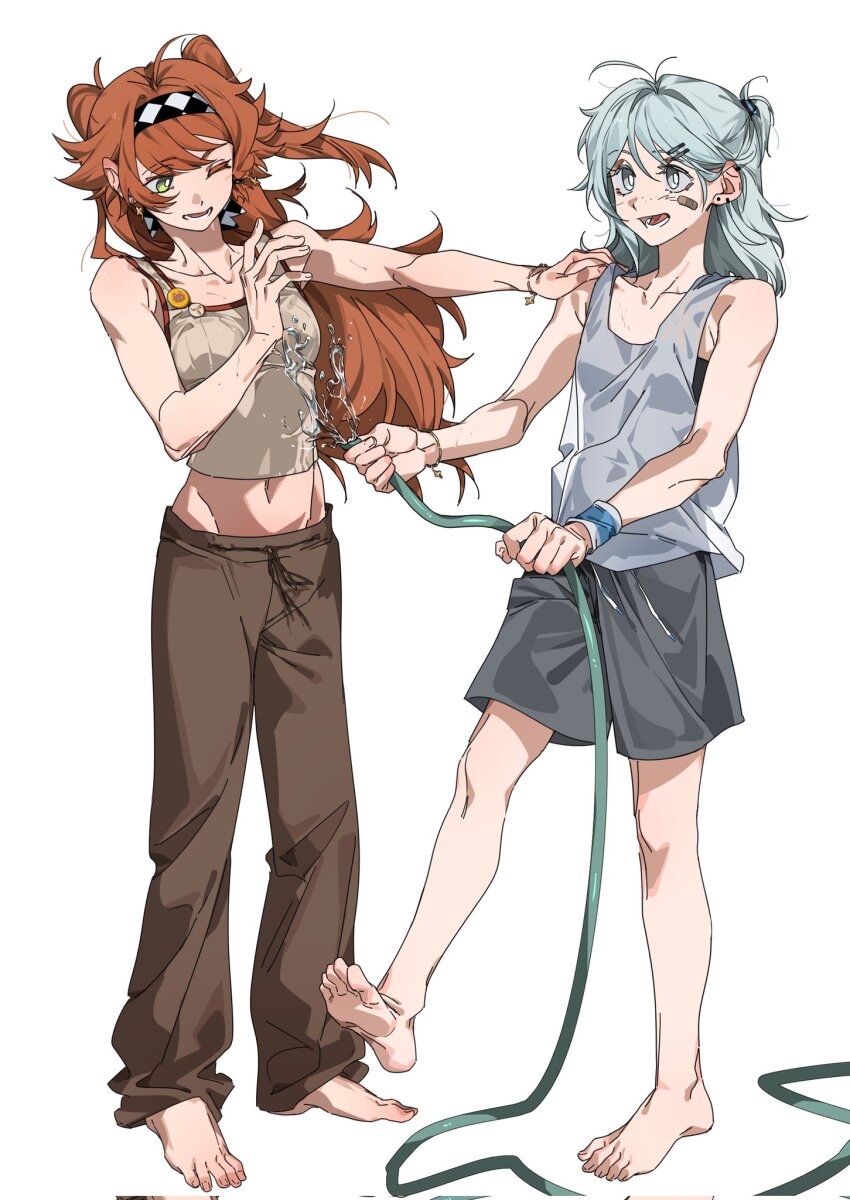 2girls alternate_hairstyle bandaid bandaid_on_face bare_arms barefoot black_bra bra bracelet bright_pupils brown_pants checkered_hairband commentary corrupted_twitter_file ear_piercing earrings freckles full_body green_eyes grey_eyes grey_hair grey_shorts grey_tank_top hair_ornament hairband hairclip hand_on_another&#039;s_shoulder highres holding holding_hose hose jewelry long_hair molu_stranger multiple_girls one_eye_closed open_mouth orange_hair pants piercing ponytail reverse:1999 shorts simple_background smile sonetto_(reverse:1999) splashing stud_earrings tank_top two_side_up underwear vertin_(reverse:1999) water white_background white_pupils wristband