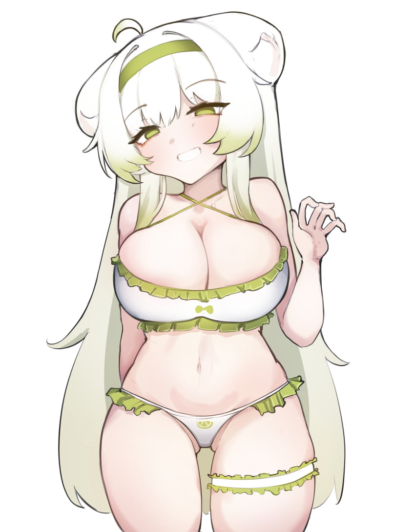 1girl absurdres ahoge alternate_costume animal_ears bare_shoulders belly bikini breasts breasts_squeezed_together cleavage ferret ferret_ears ferret_girl food fruit g-string gluteal_fold gradient_hair green_bikini green_eyes green_hair hairband hand_up head_tilt highres laimu_(vtuber) large_breasts lime_(fruit) lime_slice long_hair midriff multicolored_bikini multicolored_hair navel open_mouth sae_art simple_background skindentation swimsuit thigh_gap thigh_strap thighs thong thong_bikini two-tone_hair vinesauce virtual_youtuber waving white_background white_bikini white_hair