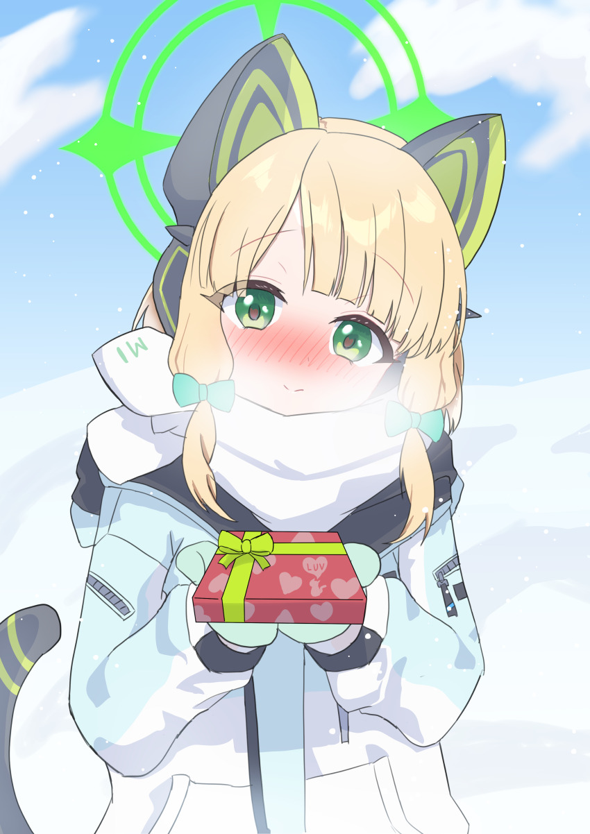 1girl absurdres animal_ear_headphones animal_ears aqua_coat aqua_mittens blonde_hair blue_archive blush bow box breath cat_ear_headphones cat_tail closed_mouth cloud coat commentary_request cupping_hands fake_animal_ears fake_tail gift gift_box green_bow green_eyes green_halo hair_bow halo head_tilt headphones heart heart-shaped_pupils highres holding holding_gift hood hood_down hooded_coat incoming_gift long_sleeves looking_at_viewer medium_hair midori_(blue_archive) multicolored_coat nose_blush official_alternate_costume outdoors own_hands_together print_scarf scarf sidelocks sky smile snow snowing solo syabadabado symbol-shaped_pupils tail tail_raised text_print upper_body valentine white_scarf winter winter_clothes winter_coat zipper zipper_pull_tab