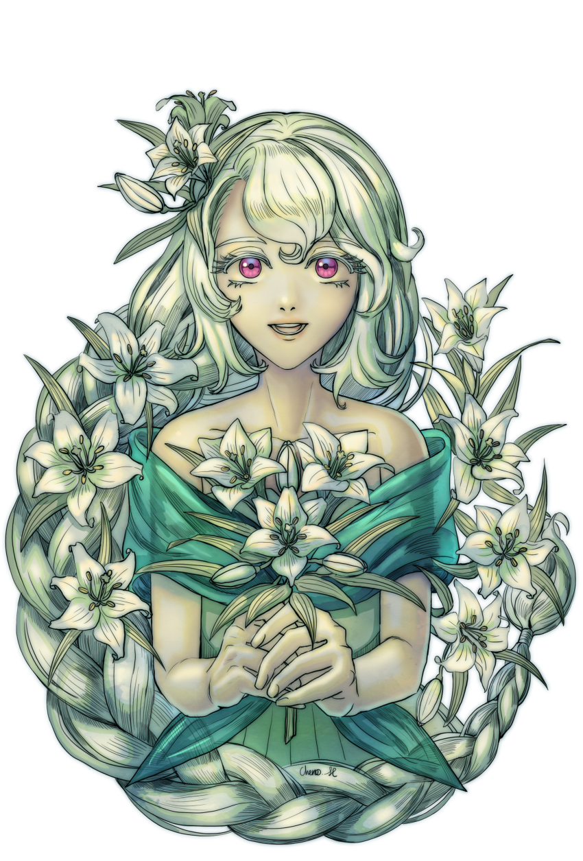 1girl absurdres braid cape chenovellia cookie_run cookie_run:_kingdom dress flower gloves green_dress hair_flower hair_ornament highres holding humanization long_hair looking_at_viewer pink_eyes red_eyes simple_background smile solo very_long_hair white_background white_flower white_hair white_lily white_lily_cookie