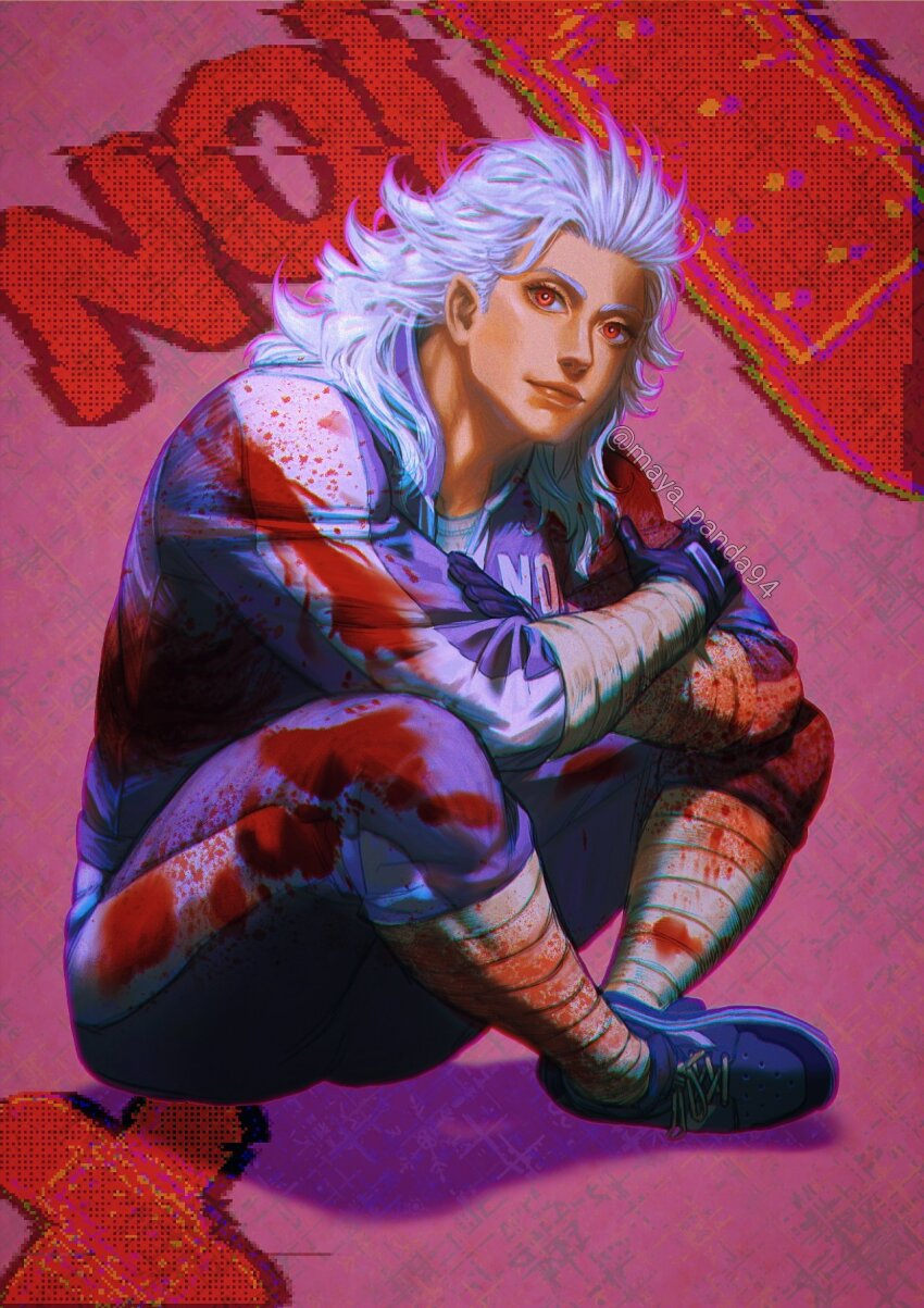 1girl androgynous blood blood_on_clothes closed_mouth crossed_arms dorohedoro eyelashes full_body grey_hair highres long_hair looking_at_viewer maya_panda muscular muscular_female noi_(dorohedoro) pink_background red_eyes shadow shoes sideburns sitting solo twitter_username