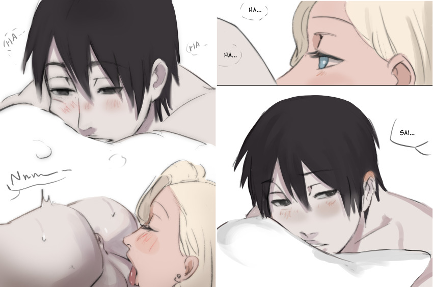 1boy 1girl absurdres anus ass blonde_hair blush boruto:_naruto_next_generations couple hetero highres husband_and_wife licking licking_testicle moaning monday_mint naruto_(classic) naruto_(series) oral pale_skin sai simple_background sweat testicles yamanaka_ino