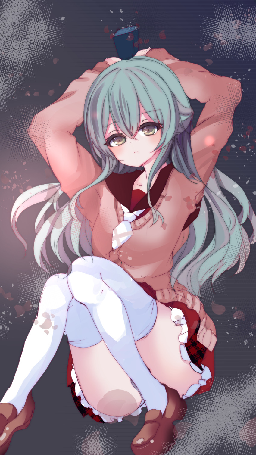 1girl arms_behind_head arms_up assault_lily blush brown_cardigan brown_sailor_collar brown_shoes cardigan closed_mouth commentary_request convenient_leg crossed_bangs foot_out_of_frame frilled_skirt frills gradient_background green_eyes green_hair grey_background hair_between_eyes half_updo highres irastmanaby kanba_girls_high_school_uniform knees_together_feet_apart knees_up loafers long_hair long_sleeves looking_at_viewer lying miniskirt necktie on_back panties petals red_skirt sailor_collar school_uniform serafuku shoes short_necktie sidelocks skirt sleeves_past_wrists solo thighhighs toki_kureha underwear wavy_hair white_necktie white_panties white_thighhighs