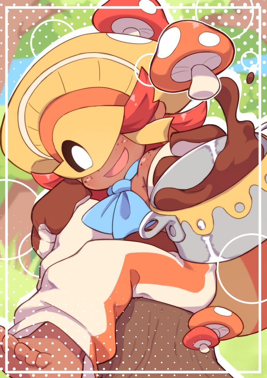 1boy barefoot blue_neckerchief blush cooking_pot dark-skinned_male dark_skin day facing_viewer feet_out_of_frame flipped_hair flipped_sidelocks forest freckles gogotte_(puyopuyo) grass halftone halftone_background happy hat hat_over_eyes highres inset_border male_focus micelle_puyo mushroom nature neckerchief on_tree_stump open_mouth orange_pants outdoors pants puyopuyo red_hair shoulder_freckles sitting solo stew tree_stump white_pants yellow_hat