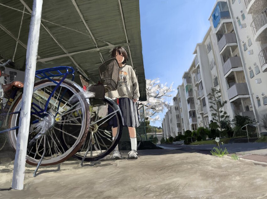 1girl absurdres apartment arms_at_sides bicycle black_hair blue_skirt building dandelion day etpanw flower highres medium_skirt original outdoors print_shirt scenery shirt sidewalk skirt socks solo standing tree