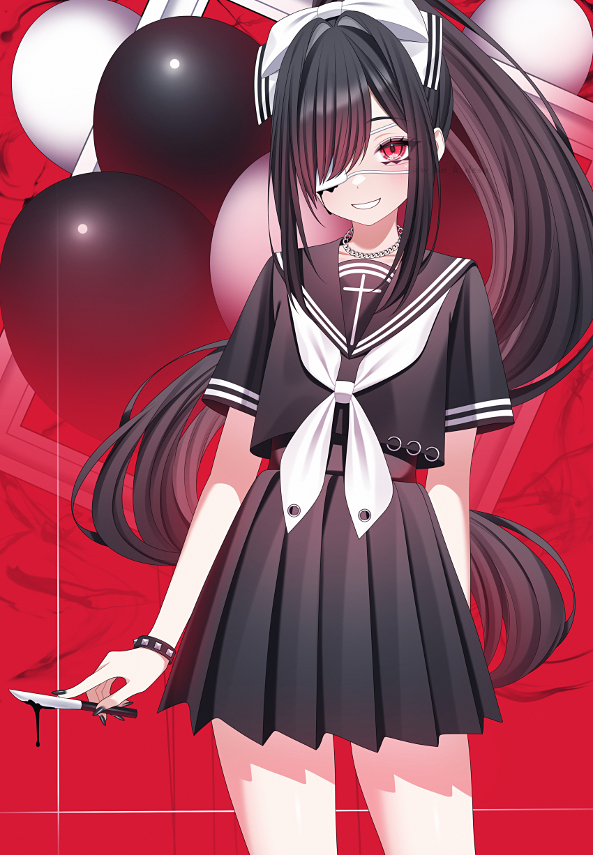 1girl absurdres arm_behind_back balloon black_hair black_nails black_serafuku black_shirt bracelet collared_shirt eyepatch hair_over_one_eye high-waist_skirt highres holding holding_knife jewelry knife long_hair nail_polish neckerchief one_eye_covered original pleated_skirt ponytail red_background red_eyes ribbon-trimmed_headwear ribbon_trim school_uniform serafuku shirt sidelocks skirt smile solo very_long_hair wanko_(yurika0320) white_neckerchief