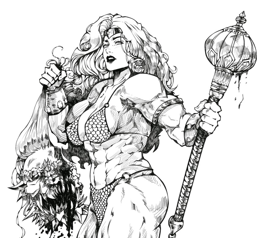 1girl abs angelxholika armlet armor bikini_armor blood cosplay dc_comics decapitation doomsday_(dc) greyscale highres holding holding_mace holding_weapon jewelry long_hair looking_at_viewer mace monochrome muscular muscular_female red_sonja red_sonja_(comics) red_sonja_(cosplay) simple_background solo tiara unfinished vambraces weapon white_background wonder_woman wonder_woman_(series)