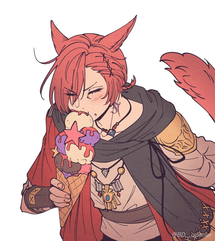 1boy animal_ears archon_mark bd_opener black_scarf cat_boy cat_ears cat_tail closed_eyes eating final_fantasy final_fantasy_xiv food g&#039;raha_tia hair_ornament highres holding holding_ice_cream_cone ice_cream ice_cream_cone jewelry male_focus miqo&#039;te neck_tattoo pendant red_hair scarf shirt short_hair simple_background solo swept_bangs tail tattoo upper_body white_background white_shirt x_hair_ornament