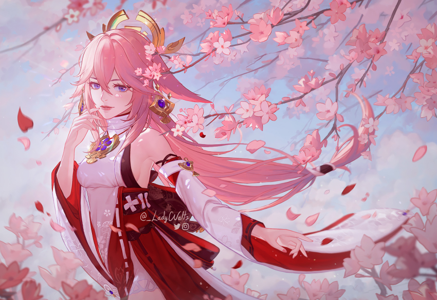 1girl animal_ears bare_shoulders blouse blurry branch cherry_blossoms commentary cowboy_shot crossed_bangs depth_of_field detached_sleeves ear_piercing earrings fox_ears genshin_impact hand_up high_collar highres japanese_clothes jewelry kimono ladywaltz long_hair low-tied_long_hair miko obi outstretched_arm petals piercing pink_hair purple_eyes sash shirt sidelocks sky smile solo standing twitter_username white_shirt yae_miko