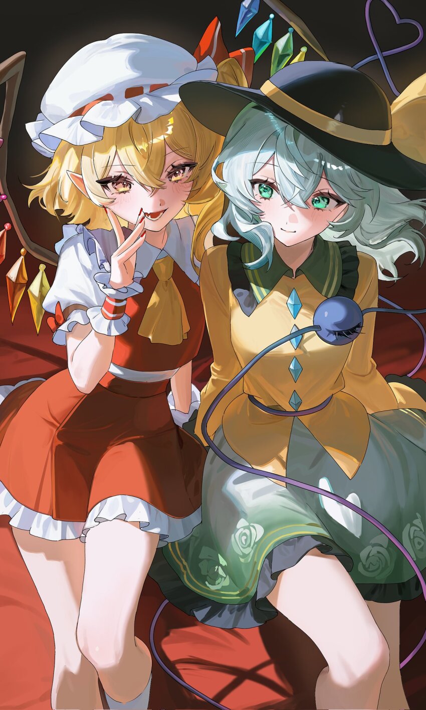 2girls ascot black_hat blonde_hair blush buttons closed_mouth collared_shirt commentary contrast_collar crystal crystal_wings diamond_button eyeball flandre_scarlet floral_print frilled_shirt_collar frilled_skirt frills green_eyes green_hair green_skirt hat highres iood komeiji_koishi long_hair long_sleeves mob_cap multicolored_wings multiple_girls one_side_up open_mouth pointy_ears print_skirt red_eyes red_nails red_skirt red_vest rose_print shirt short_sleeves skirt skirt_set smile third_eye touhou vest white_hat white_shirt wings wrist_cuffs yellow_ascot yellow_shirt