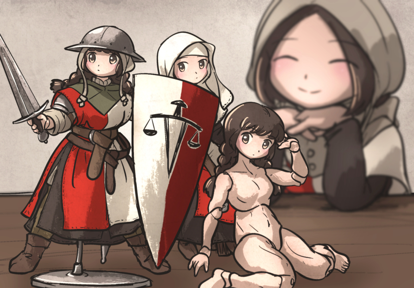 4girls armor balance_scale_print belt black_dress boots braided_twintails brown_boots brown_eyes brown_hair capelet character_doll closed_eyes closed_mouth coif completely_nude doll doll_joints dress elbows_on_table figure forehead_medic_(ironlily) gambeson green_capelet hands_on_own_chin holding holding_shield holding_sword holding_weapon ironlily joints kettle_helm leather_belt long_hair looking_at_viewer looking_to_the_side medieval multiple_belts multiple_girls no_nipples no_pussy nude nun on_table ordo_mediare_sisters_(ironlily) pauldrons shield shoulder_armor sitting standing surcoat sword table twin_braids_sister_(ironlily) veil wariza weapon white_veil wimple