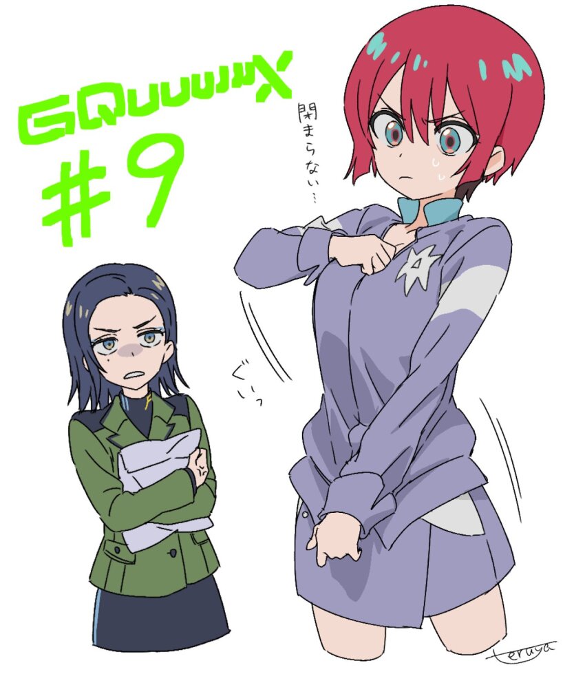 1girl 2girls amate_yuzuriha aqua_eyes aqua_shirt artist_name black_hair breasts closed_mouth collared_shirt commentary_request comoli_harcourt cropped_legs episode_number forehead gundam gundam_gquuuuuux highres holding jacket long_sleeves military_jacket military_uniform mole mole_under_eye multiple_girls open_mouth red_hair shirt short_hair simple_background skirt teruya_(6w6y) translation_request white_background zeon