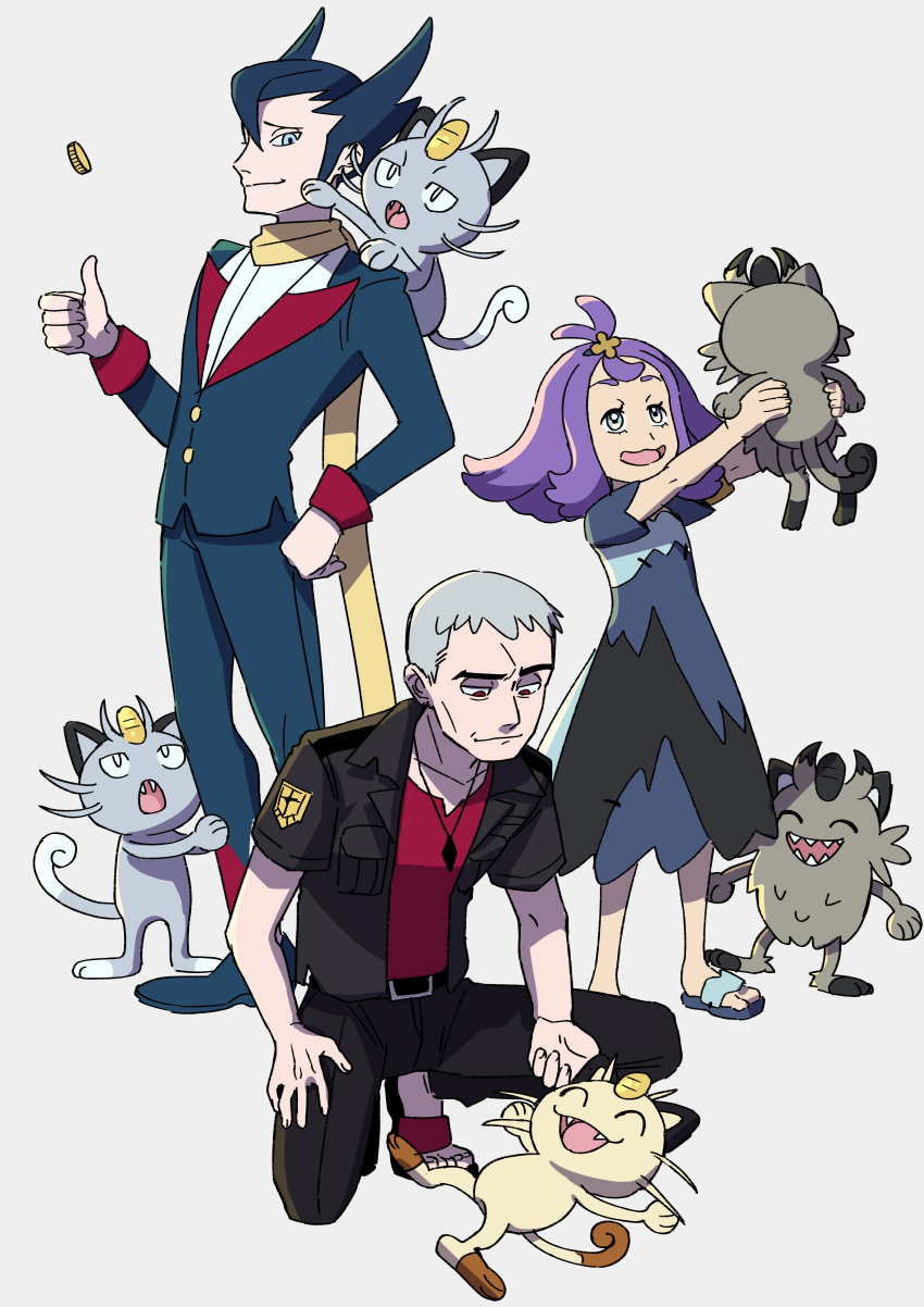 1girl 2boys absurdres acerola_(pokemon) alolan_form alolan_meowth animal_ears cat_day cat_ears cat_tail closed_eyes coin coin_flip fangs full_body galarian_form galarian_meowth gen_1_pokemon gen_7_pokemon gen_8_pokemon grey_background grey_hair grimsley_(pokemon) highres looking_up meowth multiple_boys nanu_(pokemon) nintendo papurikagakusyu pokemon pokemon_(creature) pokemon_bw pokemon_masters_ex pokemon_sm purple_hair sandals sharp_teeth tail teeth