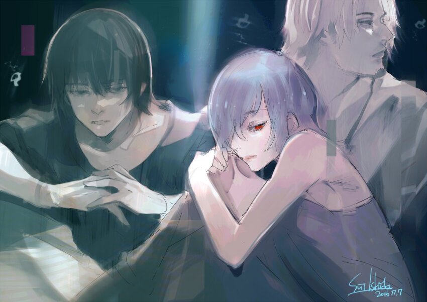 1girl 2boys arms_on_knees artist_name bare_arms bare_shoulders black_eyes black_hair black_shirt brother_and_sister closed_mouth collarbone commentary_request dark_background dated dress facial_hair goatee grey_hair ishida_sui kirishima_ayato kirishima_touka long_dress looking_at_viewer looking_to_the_side mature_male multiple_boys own_hands_together red_eyes shirt short_hair siblings signature sitting sleeveless tokyo_ghoul tokyo_ghoul:re uncle_and_nephew uncle_and_niece white_dress white_hair white_shirt yomo_renji