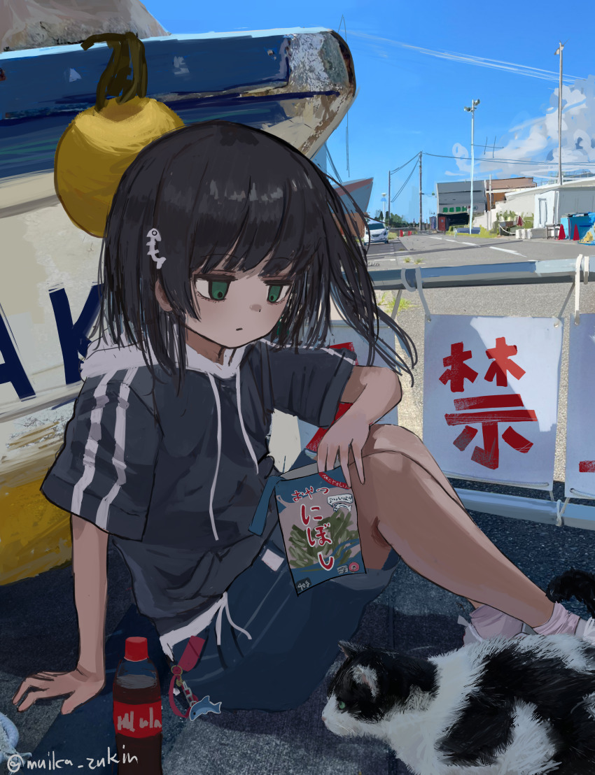 1girl absurdres animal black_hair boat cat cola day fish_skeleton green_eyes highres hood hoodie original outdoors sitting slice_of_life solo wanigumo watercraft